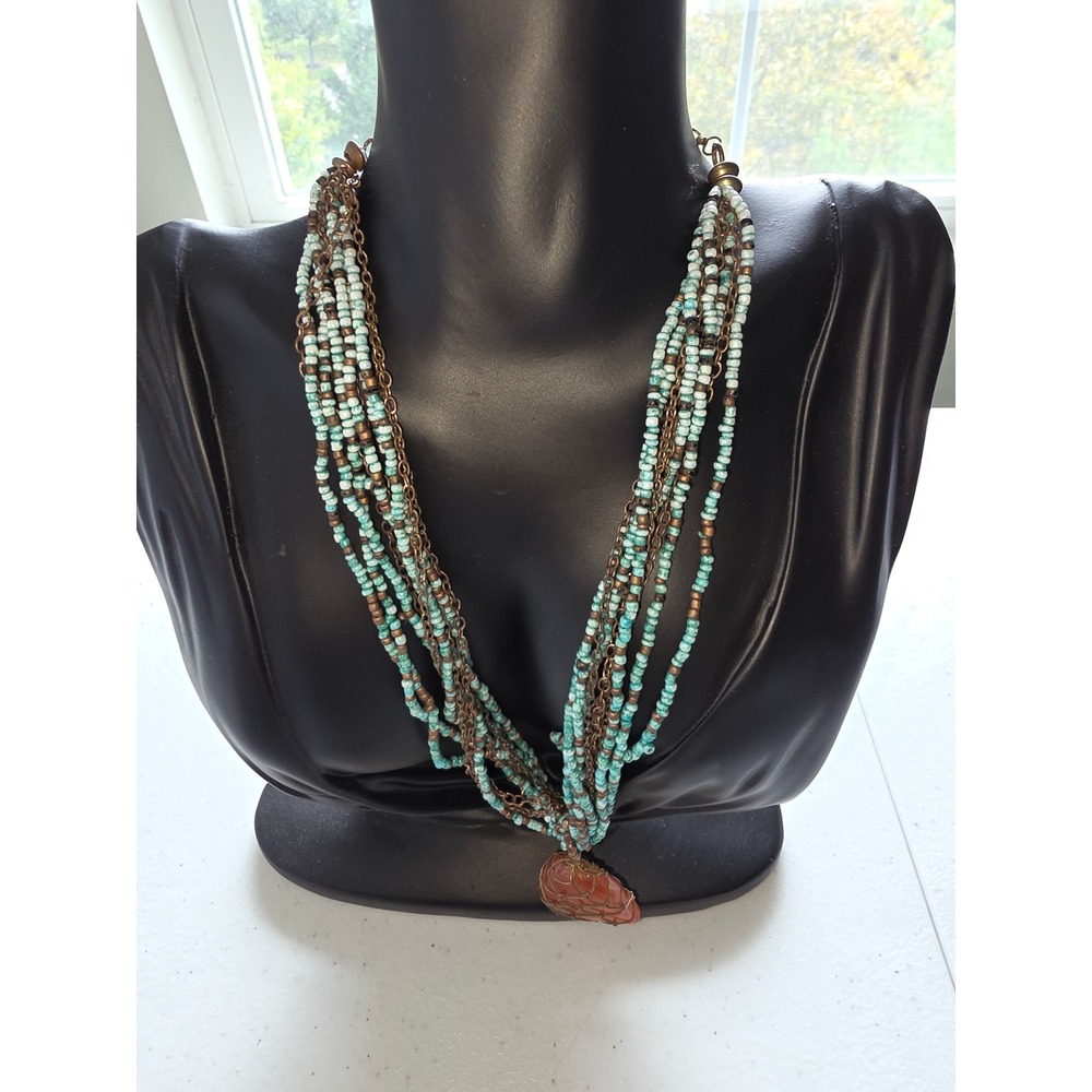 Boho Multi Strand Turquoise Seed Bead Wire Wrapped Stone Pendant Necklace